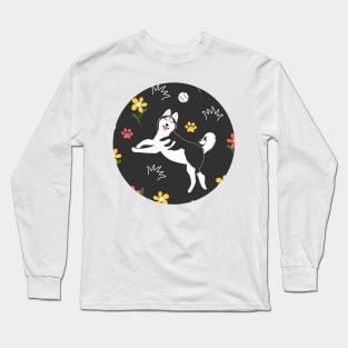 Siberian Husky Playing with Balls - Black Long Sleeve T-Shirt